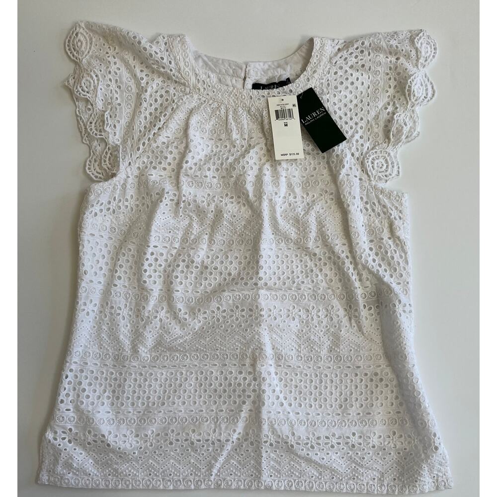 Lauren Ralph Lauren Women's Eyelet Flutter Sleeve White Top Size M NWT - Picture 7 of 10